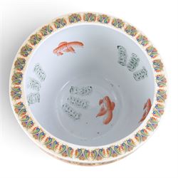 20th century Chinese fish bowl, decorated to exterior with figures surrounded by floral panels the  interior decorated with fish, together with a similar smaller example, largest H32cm