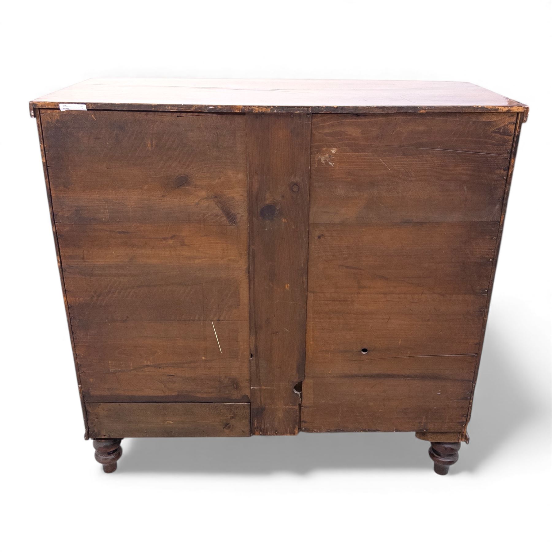 19th century bow front mahogany chest of drawers, rectangular top with moulded edge above an arrangement of two short and three long graduating drawers with turned wooden handles, raised on turned feet