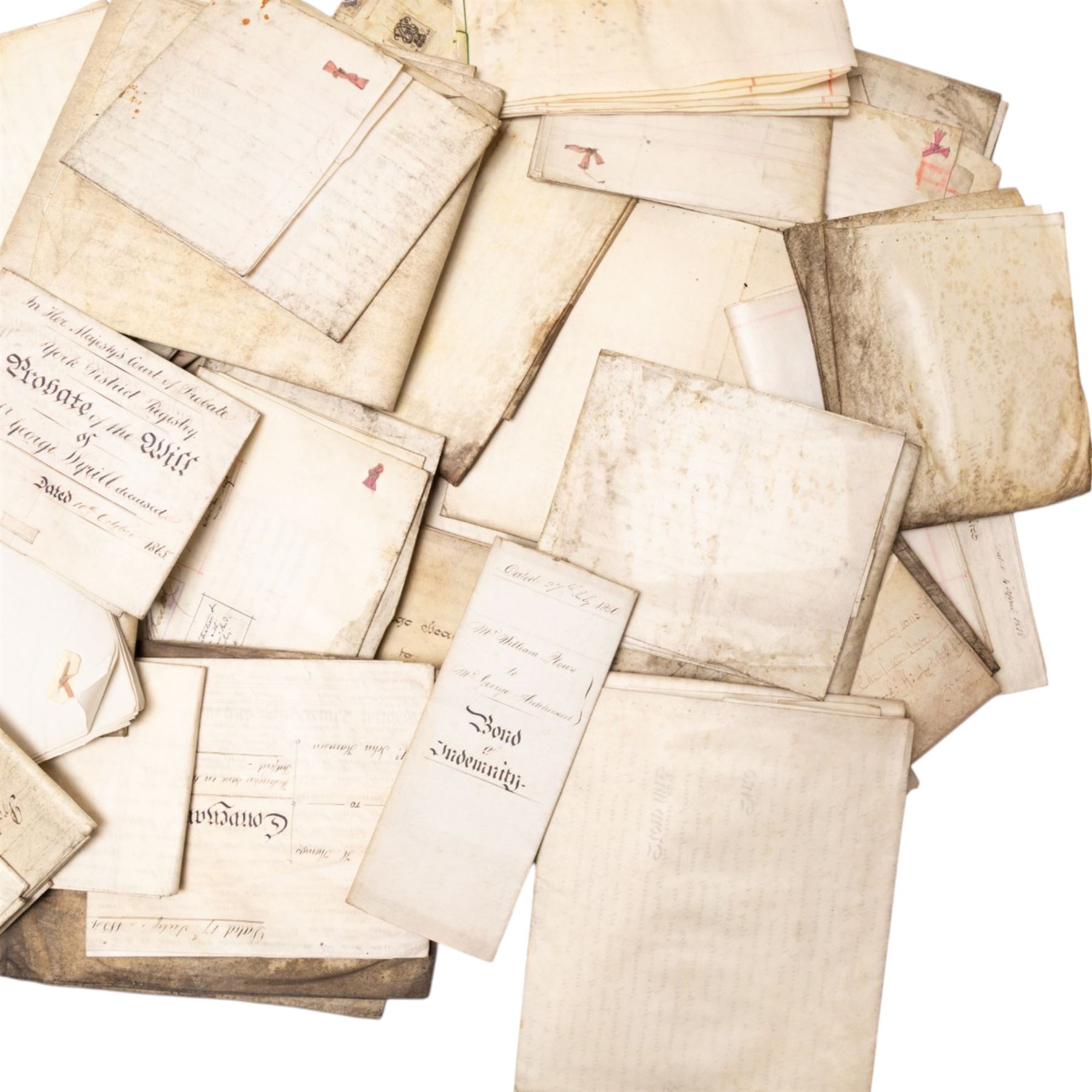 York interest - collection of 18th/19th century vellum indentures, wills and probate documents relating to the City of York and York families, including colonial and missionary interest with Reverend James Beale, formerly of York and late of Sierra Leone, clerk, probate 1857, John Allanson Bulmer, formerly of Ceylon and late of York, and Charles William Marshall of Bengal, India, manager of the Bengal Silk Company, together with other York legal and family papers, many retaining original seals and stamps, in one box