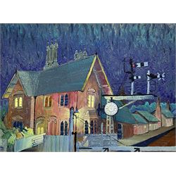 Dag Hagenaes Kjelldahl (Norwegian/Whitby Contemporary): 'Grosmont Railway Station at Night in Red with Clock', oil on canvas signed and dated 2004, 30cm x 40cm