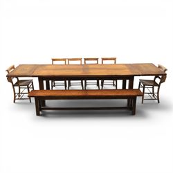 Country pine draw leaf table, bench seat and six chapel chairs, the top of plank construct...