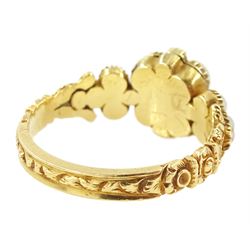 19th / early 20th century 18ct gold emerald and pearl flower head cluster ring, with pearl set shoulders and engraved foliate shank