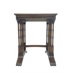 Regency design mahogany nest of three tables, rectangular top with banded edge and applied moulding, raised on turned supports 