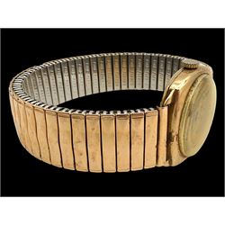 J W Benson 9ct rose gold manual wind wristwatch, the back case engraved with initials CM, Birmingham 1942, on expanding gilt strap 