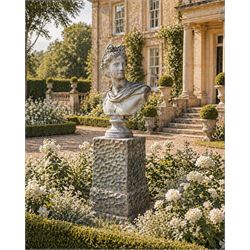 Roman Neoclassical style cast stone bust, weathered finish, raised on textured stone plint...