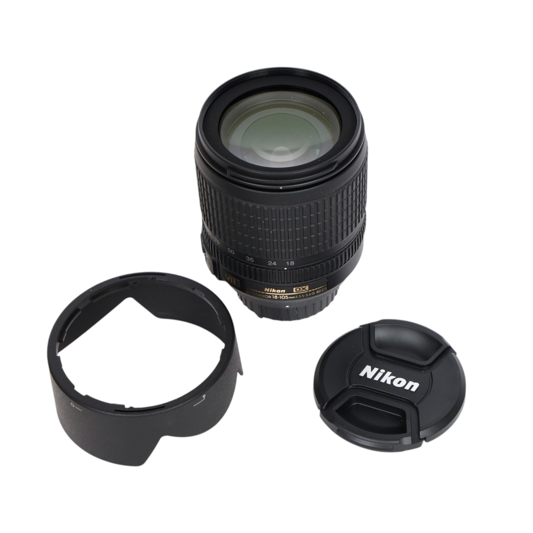 Nikon DX VR AF-S Nikkor 18-105mm 1:3.56.6G ED camera lens, serial no. 42718987, with both lens caps and soft pouch