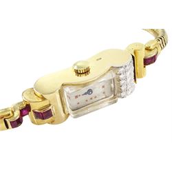 9ct gold calibre cut ruby and single cut diamond manual wind watch, case makers mark DS & S (possibly David Sutton & Sons), London 1946 on 9ct gold strap, in fitted velvet and silk lined case by Reids of Newcastle