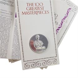 John Pinches 'The 100 Greatest Masterpieces' set of one hundred silver medallions, each on presentation card with information leaflet, together with the corresponding wooden display cabinet