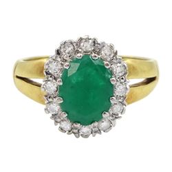 18ct gold oval emerald and round brilliant cut diamond cluster ring, London 1979