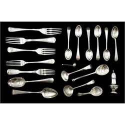 George III silver caddy spoon by Richard Crossley, London 1788 and a collection of George III and later flatware, all hallmarked, approx 17oz