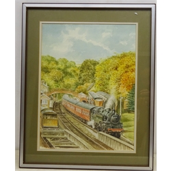  Glyn Hutchins (British 20th century): Steam Train Passing Through Goathland Station, watercolour signed 40.5cm x 30.5cm  