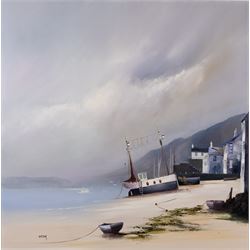Barry Hilton (British 1941-): Harbour at Low Tide, oil on canvas signed 76cm x 75cm 