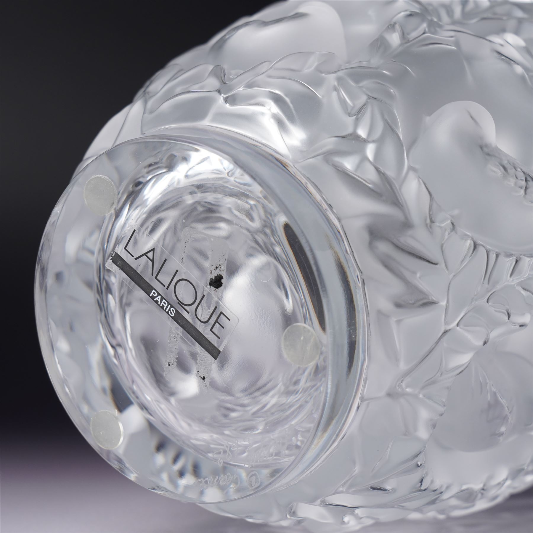 Lalique 'Bagatelle' frosted glass vase, decorated with sparrows in a hedge, marked Lalique France to base, H17cm 