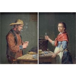 S D (19th century): Portraits of Fisherfolk, pair oils on oak panels signed with initials and dated '85, 19cm x 14cm (2)