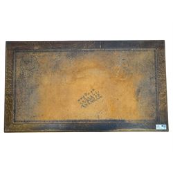 Early 20th century Jacobean design oak desk, with rectangular top inset with worn tooled leather, two frieze drawers over pedestals each fitted with a pair of panelled drawers, turned handles, on carved and fluted tapering legs united by stretchers 