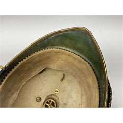 Post-1902 Welsh Regiment Officer's Home Service Blue Cloth Helmet with gilt metal King's crown helmet plate to the front, a removable spike to the top on a shaped cruciform base with rosette fittings, rosette side bosses, brass trim to the front peak, and leather and velvet backed chin scales, with sweat band, the interior with the remains of a makers label at the address 1,3 & 5 Lexington Street, Golden ? London W (presumably Hobson & Sons)