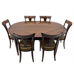 Grange Furniture - cherry wood finish oval extending dining table on square tapering supports, and a set of eight dining chairs with curved backs and upholstered seats 
