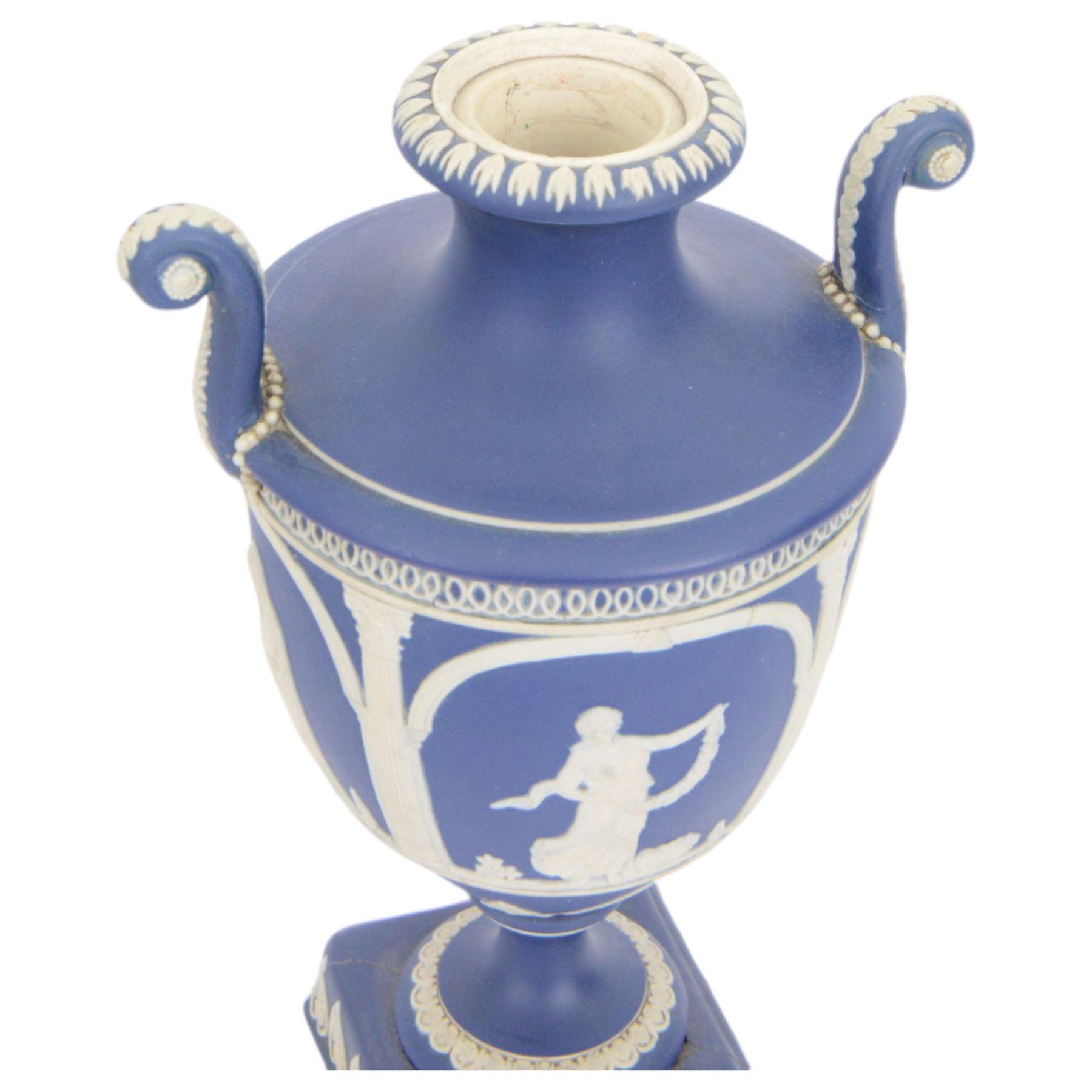 Wedgwood Jasperware twin handled vase with fluted rim, together with Tunstall jasperware twin handled urn and other jasperware 