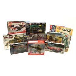 Seven plastic model construction kits - Airfix Vodaphone McLaren Mercedes racing car and Jaguar 'E' Type, Revell Ferrari F310B racing car and four tanks by Airfix, Revell and Tamiya; all boxed in factory sealed transparent packaging; together with an Airfix Spitfire kit tin, various model instruction sheets, catalogues and magazines.