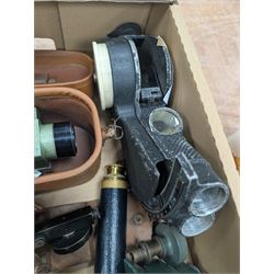 Two dumpy levels including Watts & Son ltd example and a Vickers Instruments example, US Navy bubble sextant, GT Price torch stamped US MX 991/U, 'The Unique' slide rule, three draw telescope and other instruments