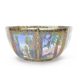 Early 20th century Wedgwood Fairland lustre bowl, circa 1920, of octagonal form, designed by Daisy Makeig-Jones, the exterior decorated in the Castle on the Road pattern, the interior decorated in the Fairy in a Cage pattern, pattern no Z5125, with printed marks beneath, H11cm D22.5cm
