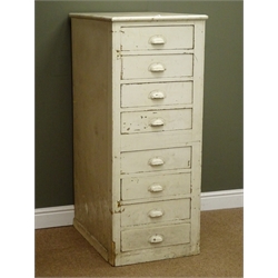  Early 20th century painted pine tall chest, moulded top, eight drawers, W52cm, H126cm, D69cm  
