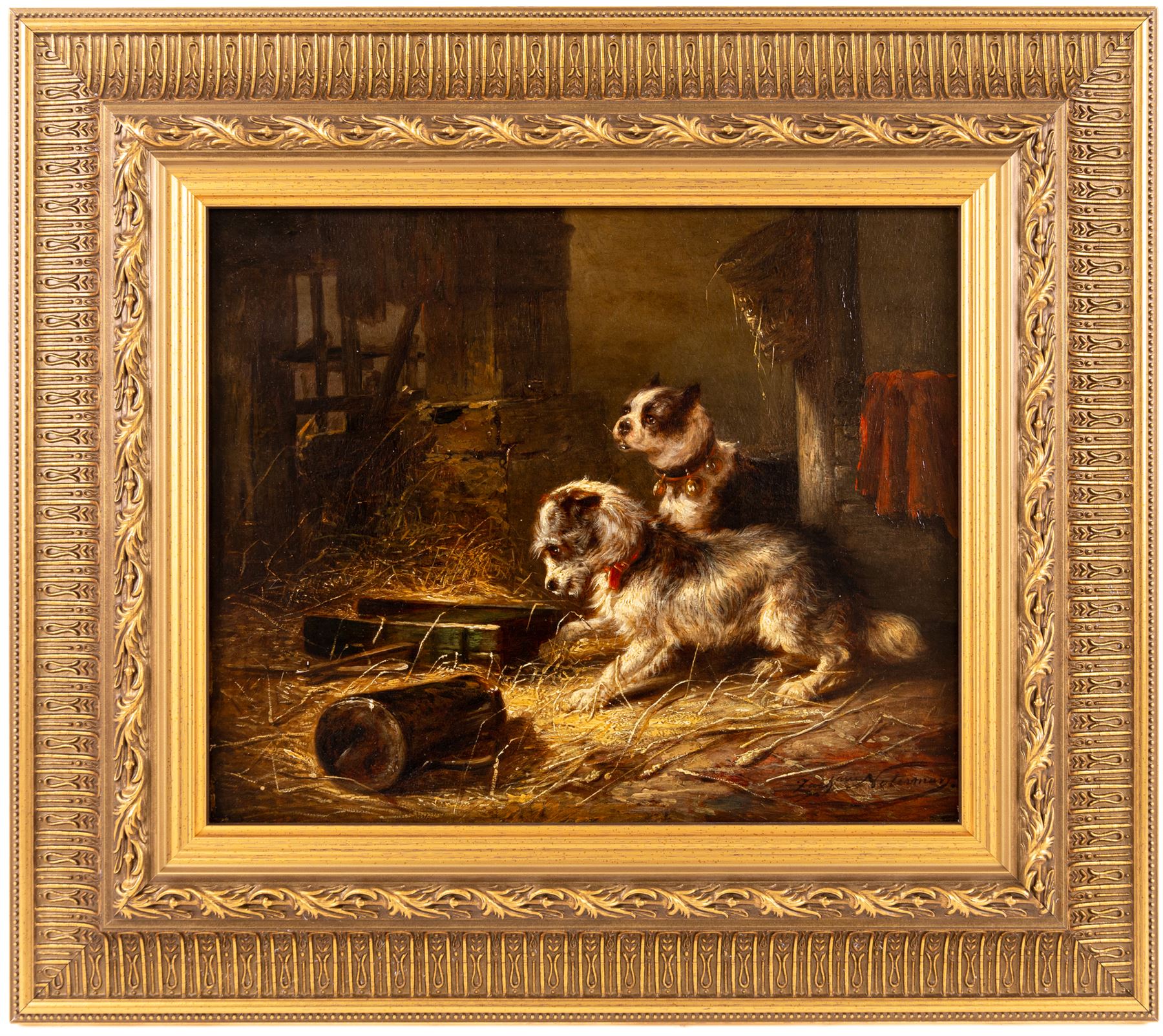 Zacharie Noterman (Belgian c1820-1890): Dogs Playing in a Stable, oil on panel signed 25cm x 30cm 