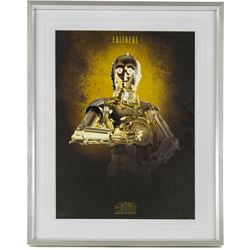 Five framed Cards Inc Star Wars Revenge of the Sith prints, comprising Mace Windu, Yoda, C-3PO, Darth Vader and R2-D2, the R2-D2 example signed by actor Kenny Baker, together with a collection of six smaller limited edition Star Wars art prints, largest H39cm (11)
