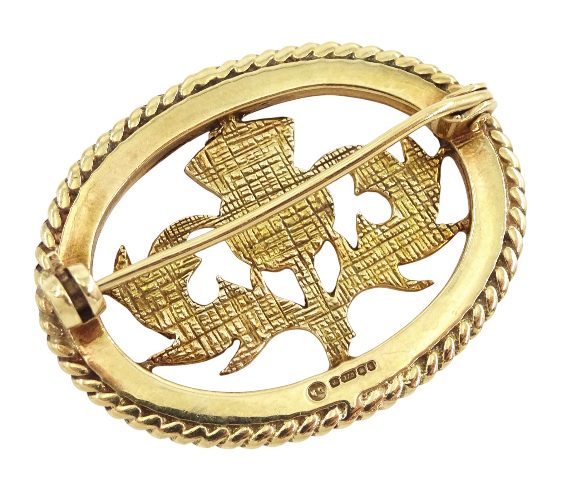 9ct gold Scottish thistle design brooch by Ortak Silvercraft, Edinburgh 1979