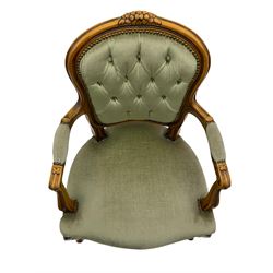 French style beech framed upholstered chair, and a small table with circular leather top