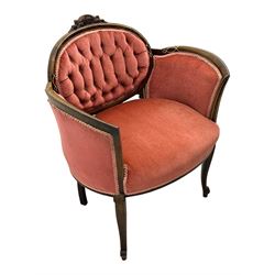 Edwardian inlaid rosewood parlour suite, comprising pair of tub shaped armchairs (W77cm, D69cm, H88cm); and matching two-seat sofa (W112cm, D69cm, H88cm), each with carved crest rails with shell motifs, deep button-tufted oval backs upholstered in pink fabric with braid trim, on cabriole supports