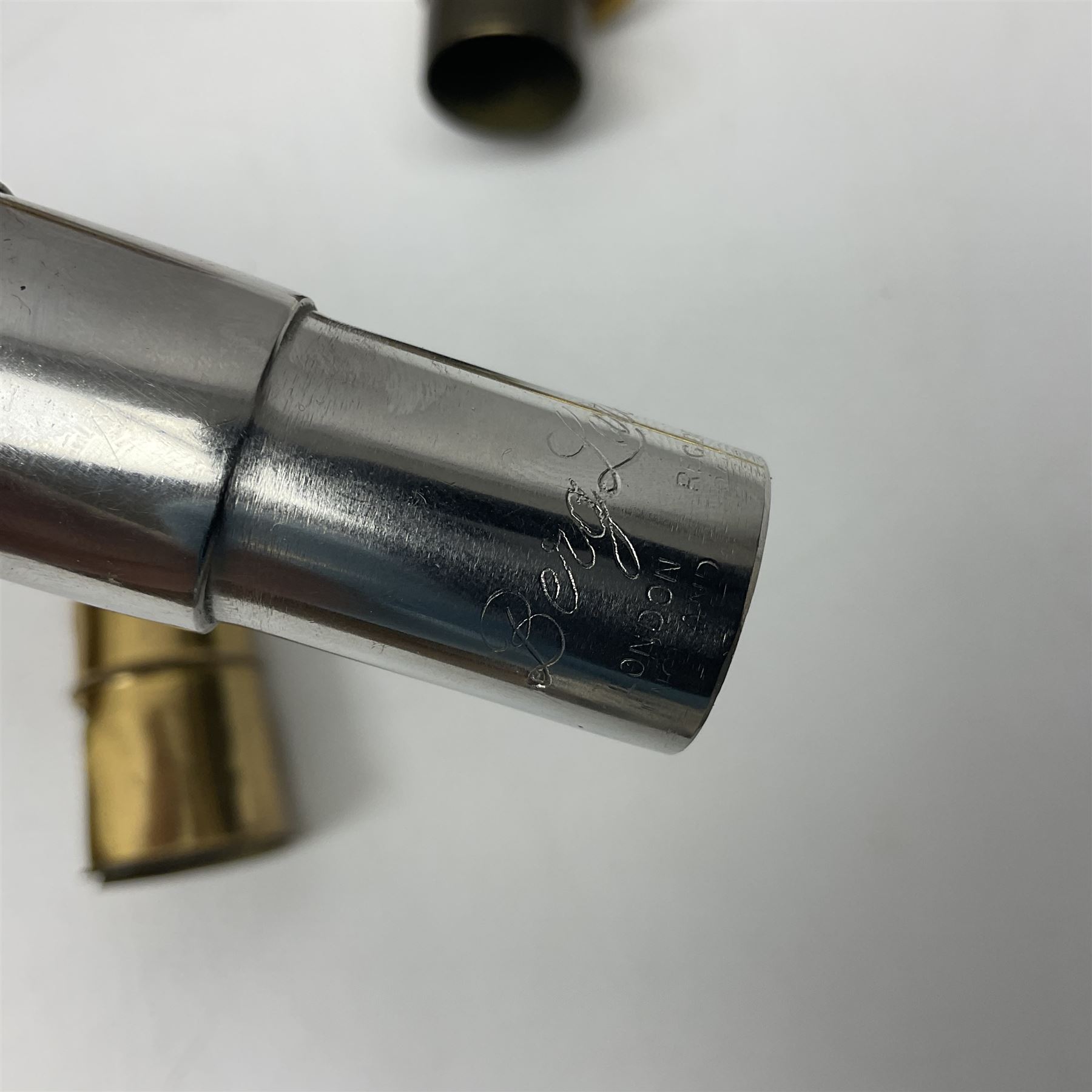 Mid-20th century French Henri Selmer Mark VI tenor saxophone, serial no.M.70644 for 1957, various French, English and American patent numbers, crudely stamped J.A.Brown twice to thumb rest; in fitted hard case with crook and other accessories including two Berg Larsen mouthpieces, reed cutter etc