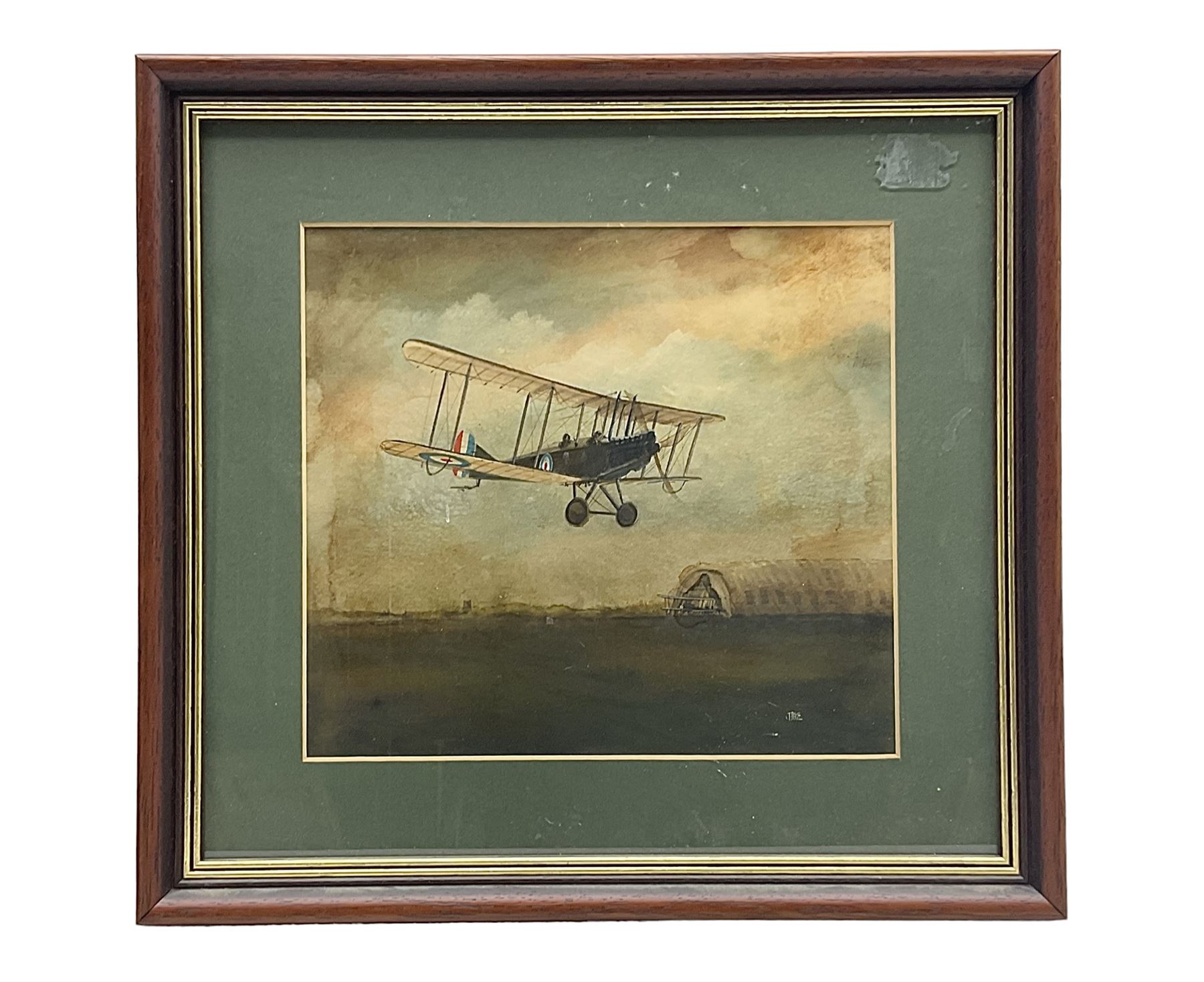 T. Page (early 20th century) - RFC bi-plane in flight over an airfield, bears labels verso 'BE2.B. Dennes Lane R.F.C. Lydd Flying School Oct.1916' and 'Lt. Gerrard R.F.C Lydd 1917 Evening Anti Zeppelin Training Flt. B. Dennes Lane Circum & Bumps', signed watercolour 20.5 x 22.5cm, later mahogany stained frame