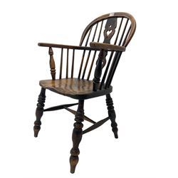 19th century elm Windsor armchair, double hoop and stick back with pierced splat, on turned supports with H stretcher