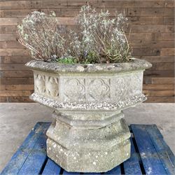 Large gothic design octagonal cast stone centre-piece urn olanter, quatrefoil decoration 