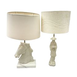 Two alabaster table lamps one modelled as Chinese sage figures and one modelled as horse head carved table lamp, both with lampshades