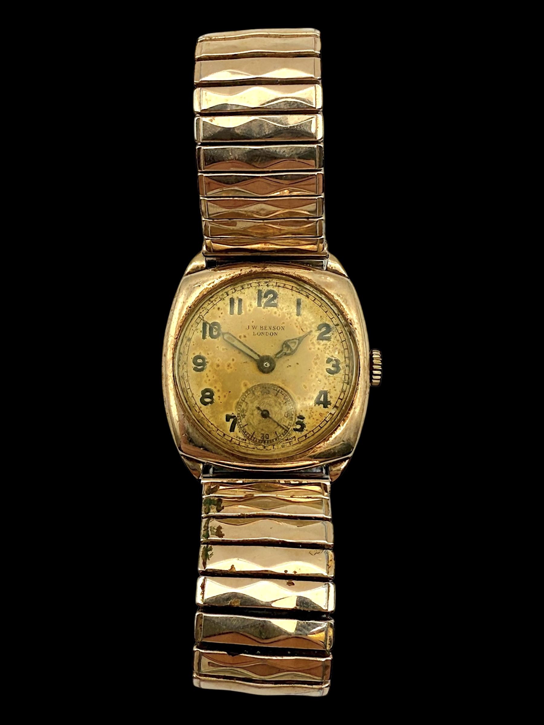 J W Benson 9ct rose gold manual wind wristwatch, the back case engraved with initials CM, Birmingham 1942, on expanding gilt strap 