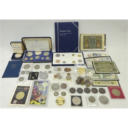  Collection of Great British and World coins including 1974 'Coinage of Barbados', 1981 silver proof coin 'His Royal Highness The Prince of Wales and Lady Diana Spencer', both cased with certificates, Whitman folder 'Jefferson Nickel' incomplete, 1924 and 1945 Great British half crowns, small quantity of pre 1947 British silver coinage, world banknotes etc   