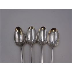 Two George III silver Old English pattern table spoons, the first example hallmarked Peter & Ann Bateman, London 1793, and the second example hallmarked George Smith (III) & William Fearn, London 1792, together with an Edwardian Old English pattern table spoon, hallmarked John Round & Son Ltd, Sheffield 1904, and a similar spoon, maker's mark worn and indistinct (4)