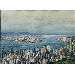 Richard Leung (Cantonese 1961-): View over Hong Kong Harbour, watercolour signed 26cm x 36cm