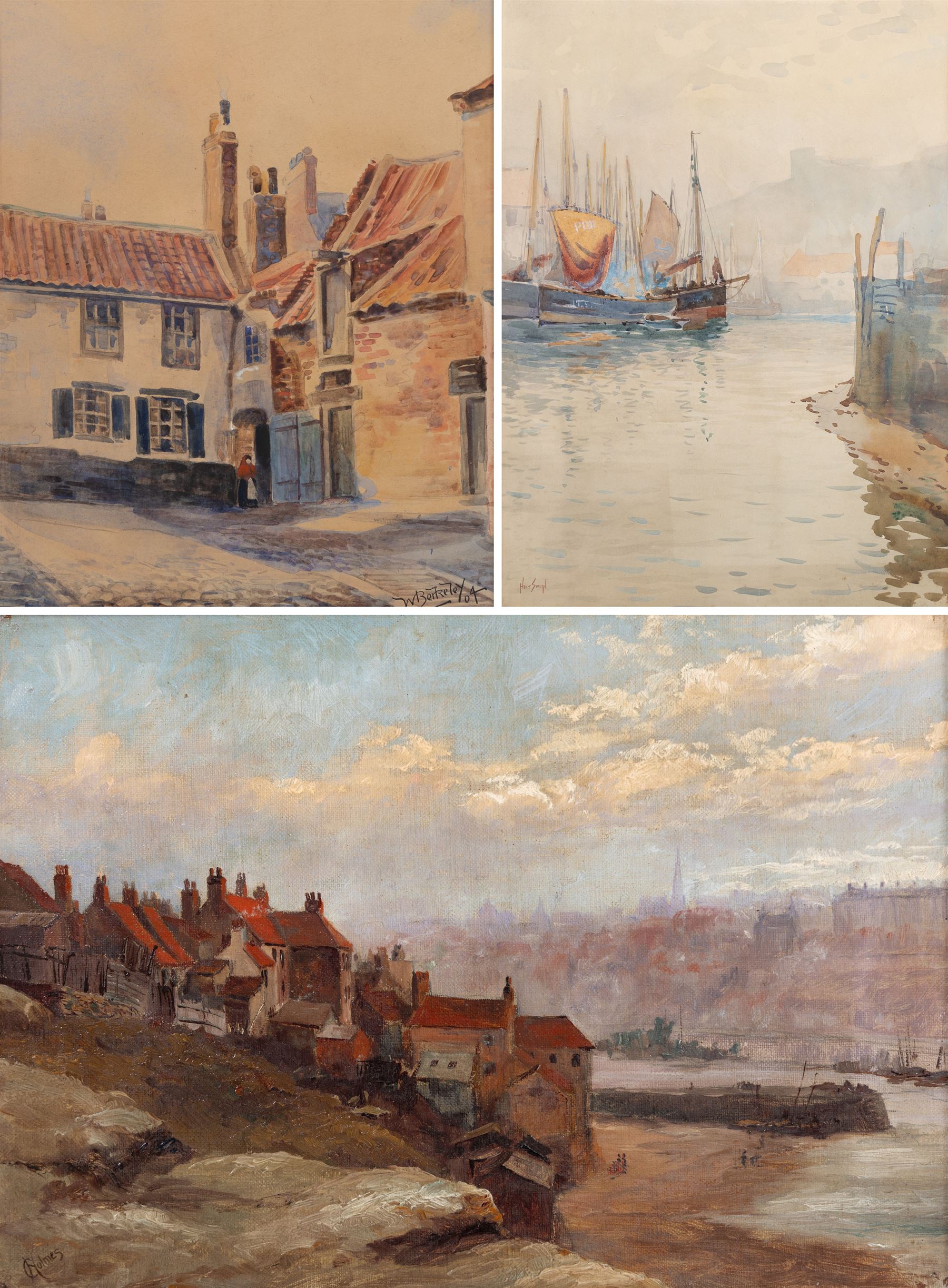 C Holmes (British 19th/20th Century): Clouds over Whitby, oil on canvas signed, 24cm x 34cm; Hely Augustus Morton Smith (British 1862-1941): Entering Whitby Harbour, watercolour signed 42cm x 30cm; W Berkeley (British 19th Century): The Doorway, watercolour signed and dated '04, 23cm x 19cm (3)