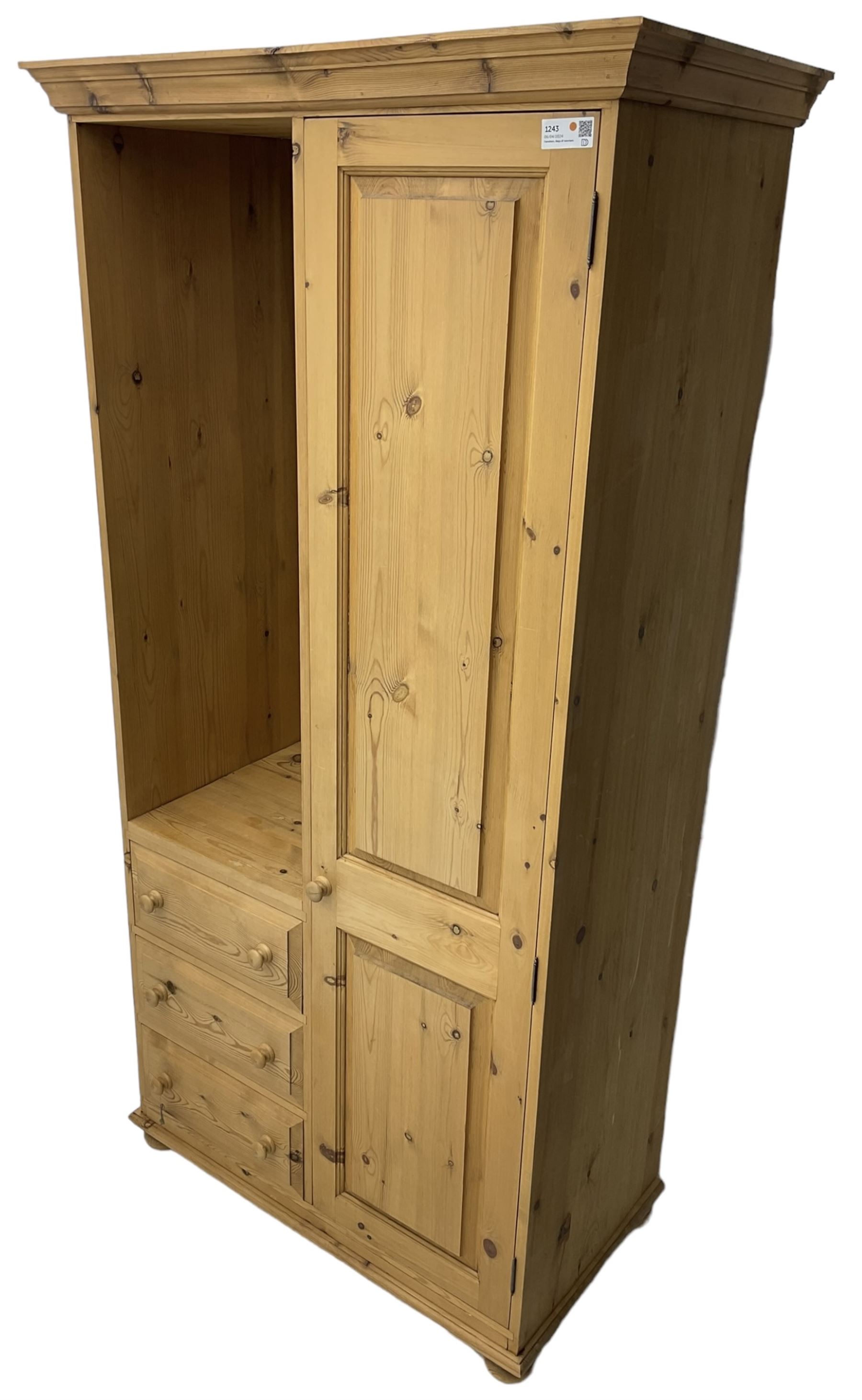 Traditional pine combination wardrobe, recessed cupboard with mirror back, fitted with single cupboard and three drawers
