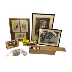 Silver mounted crown, boxed Tesalda MG model sports car, boxed Bburago Porsche 911 model, framed WWI postcards, bone dominoes, other costume jewellery etc
