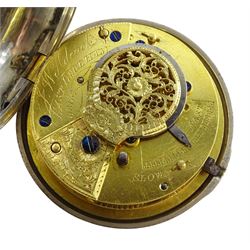 Victorian silver pair cased verge fusee pocket watch by J W Adcock, East Dereham, No. 98132, round pillars,  pierced and engraved balance cock decorated with a mask, enamel polychrome dial depicting a ploughing scene, Roman and Arabic numerals, case by Henry William Griffin, London 1864