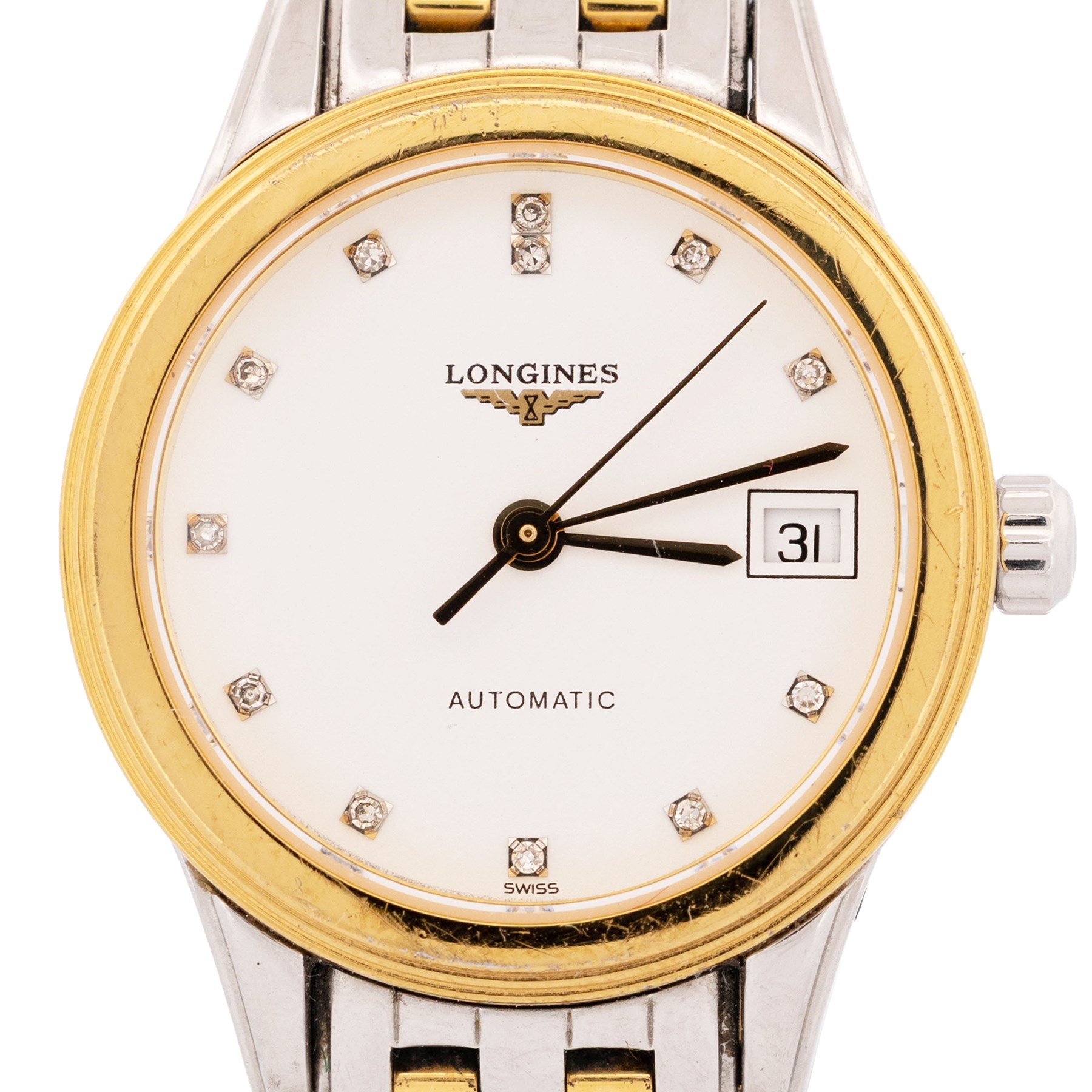 Longines Flagship ladies two tone stainless steel automatic wristwatch, Ref. L4.274.3, Cal. L595.2, white dial with diamond dot hour markers and date aperture, exhibition back, on original bracelet with fold-over clasp, boxed with guarantee card dated 2011