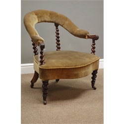  Victorian rosewood barley twist armchair, horse shoe shaped buttoned back, back leg stamped '9340'  