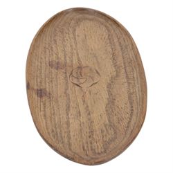 Gnomeman - tooled oak dish, carved with rose motif to the center, carved beneath with gnome signature, by Thomas Whittaker, Littlebeck, L36cm