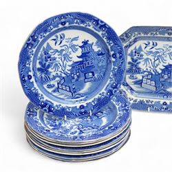 Large collection of Burleigh Ware blue and white Willow pattern dinnerware, comprising twenty one dinner plates, twelve side plates, four platters of graduating size, two tureens with saucers, and two vegetable dishes