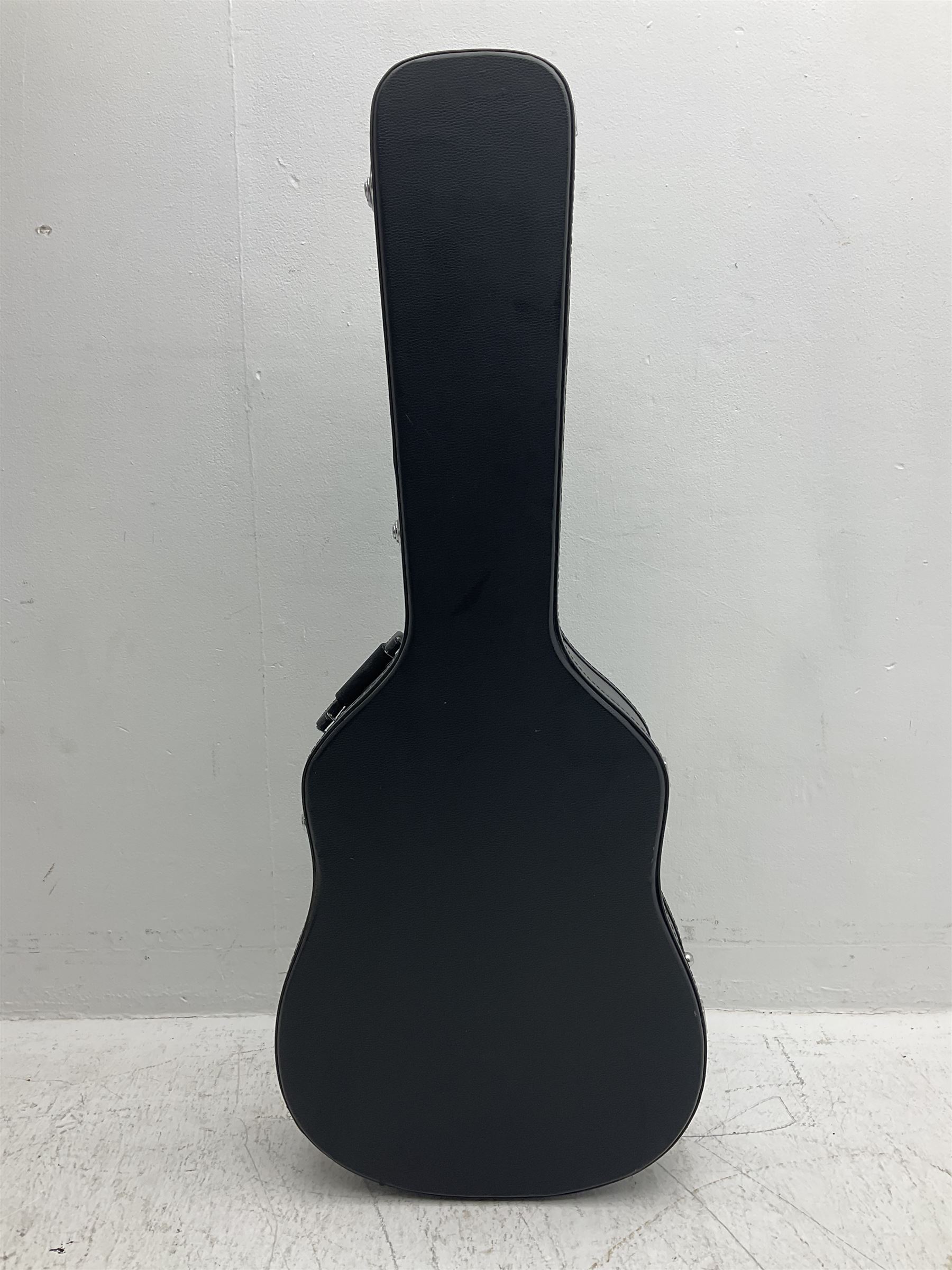 Ozark metal cased resonator guitar with all over chased foliate decoration to the polished finish and mother-of-pearl inlay to the fretboard L100cm; in Stagg hard carrying case