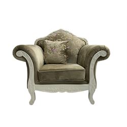 French style white finish armchair, upholstered in grey fabric with scrolling floral pattern, the frame decorated with leaf motifs 